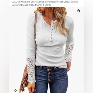 New Amazon long sleeve Henley top, slim fit with lace sleeve detail. Medium.
